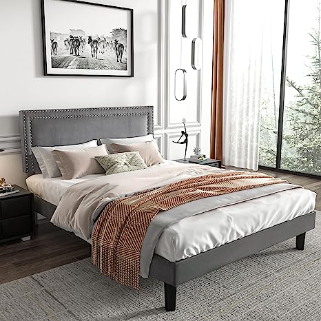 VECELO Full Size Platform Bed Frame with Height Adjustable Upholstered Headboard, Modern Mattress Foundation,Strong Wood Slat Support, No Box Spring Needed, Easy Assembly