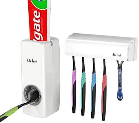 iLifeTech Toothpaste Dispenser Toothbrush & Razor Holder Multifunctional Wall-Mounted Bathroom Accessories Kit with Dust-Proof Cover.