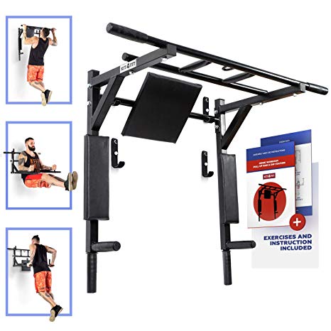 Wall Mounted Pull Up Bar and Dip Station Indoor Home Exercise Equipment for Men Woman and Kids Great for Workout and Fitness
