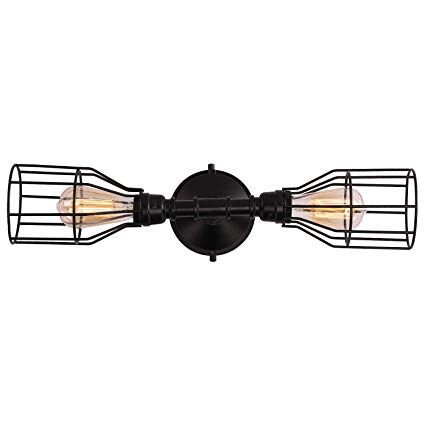 Industrial Wall Sconce Light with Antique Brushed Gold and Black Semi Iron Cage, Great Decor Lamp Fixture for Bathroom, Living Room and More