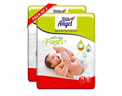 Little Angel Extra Dry Baby Pants Diaper Medium (M) Size, 112 count, Combo Pack of 2, 56 Count Per Pack with Wetness Indicator, 5-11Kg