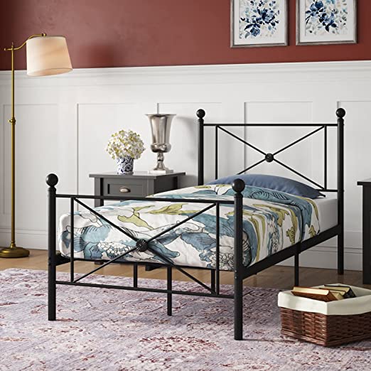 sleepanda Queen Bed Frame Metal Platform Complete Bed with Vintage Headboard and Footboard Box Spring Replacement Steel Slats Bed, Matte Black Queen Deluxe Crystal Ball Stylish (DS-05 Twin)