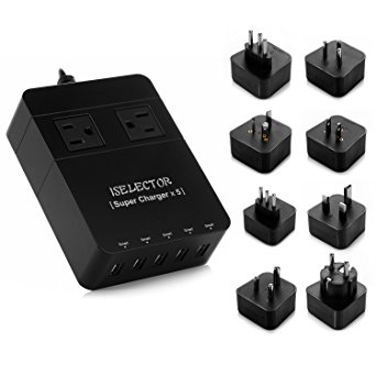 ISELECTOR USB Travel Power Strip with 8 International Adapters,5-Port 40W USB Charging Station with 2-Outlet Surge Protector