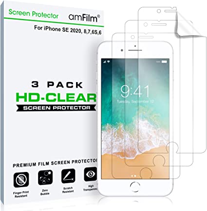 amFilm Screen Protector for iPhone SE (2020), 8, 7, 6S, 6 (3 Pack) HD Clear, Flex Film, Case Friendly