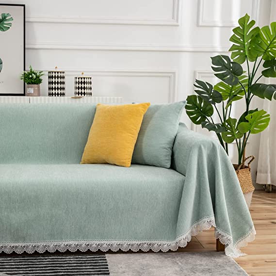 STACYPIK Couch Cover Non Slip Velcro Soft Couch Sofa Cover Integrate Firmly, Washable Furniture Protector with Lace for Loveseat Sectional Armless Futon Sofa Cover - 71" X118",Light Green