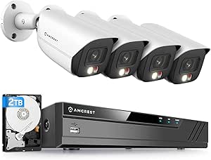 Amcrest 5MP Security Camera System, 4K 8CH PoE NVR, (4) x 5-Megapixel Night Color Bullet POE IP Cameras, Active Deterrent, Pre-Installed 2TB Hard Drive, NV4108E-B1276EW4-2TB (White)