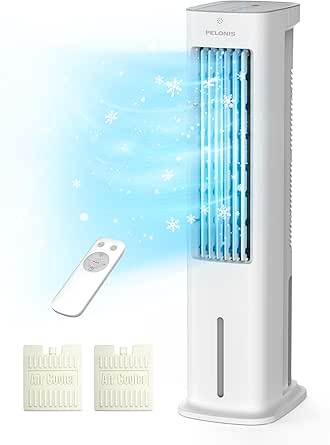 PELONIS 5L Rafraichisseur d’Air à évaporation 3 en 1, Ventilateur Colonne avec Humidificateur, Oscillation 60°, Minuterie 7H, 3 Vitesses, 3 Modes, 2 Blocs Réfrigérants, Climatiseur Mobile Silencieux