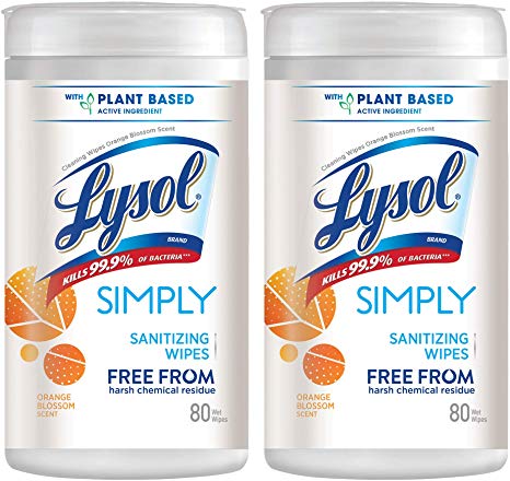 Lysol Simply Daily Cleaning Sanitizing Wipes, 160ct (2x80 ct), Pack of 2, Orange Blossom Scent, No Harsh Chemical Residue, Plant-Based Active Ingredient, Kills 99.9% of Bacteria, Sanitizing Wipes