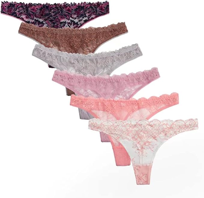 UWOCEKA - Thongs for Women Pack of 6 Sexy Thong Underwear Lace Soft T-Back Panties