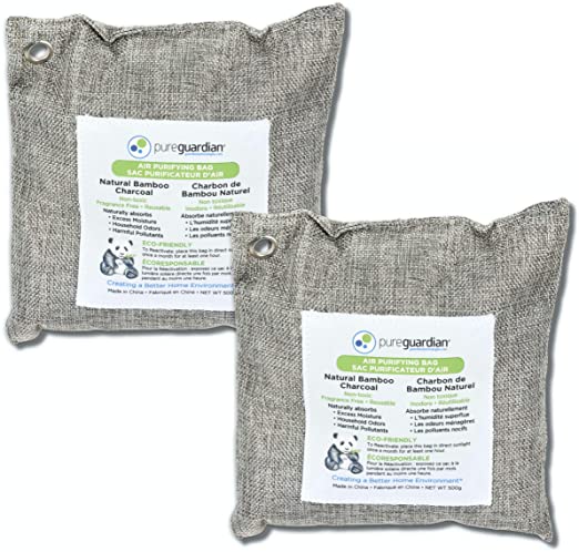 Guardian Technologies CB5002PK Pure Guardian Bamboo Charcoal Air Purifier Bags, Eco-Friendly, Naturally Absorbs Odors, Excess Moisture and Pollutants, 2-pack - 500g each, Gray