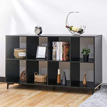 KINGSO 8 Cube Organizer 53.5" Bookshelf Bookcase with Metal Base, Vintage Walnut Finish Cube Storage Shelves Bedroom Furniture Living Room Furniture Black