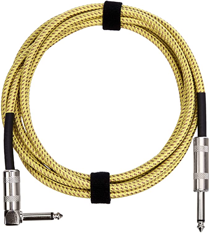 AmazonBasics 1/4 Inch Tweed Cloth Jacket Right-Angle Instrument Cable - 10 Foot (Yellow & Brown)