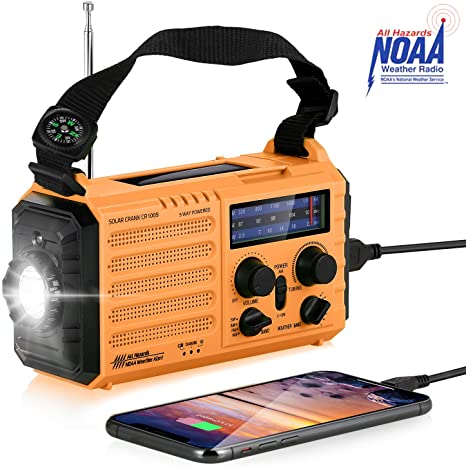 Rocam Wind Up Solar Radio,Emergency Radio Hand Crank Portable with 2000mAh Power Bank USB Charger,LED Flashlight,Reading Lamp,SOS Alarm and Compass for Household and Outdoor - Yellow