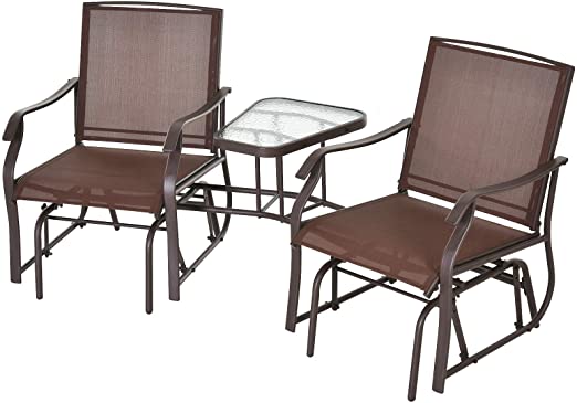 Outsunny 2 Person Outdoor Sling Fabric Double Glider Rocker Chair with Table, Brown