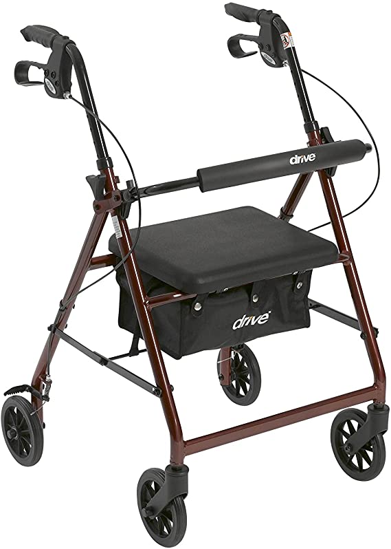 Drive Medical Aluminum Rollator Walker Fold Up, Pad Seat, 6" Wheels, Red, 1 Count