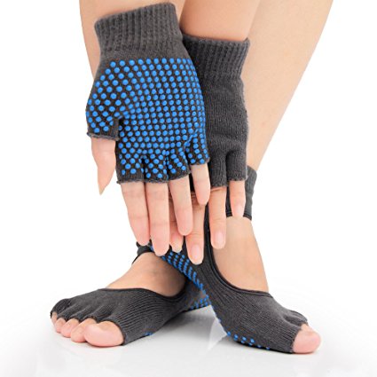 Flamaker Yoga Gloves and Socks, Non-slip Pilates Fingerless Toeless Gloves and Socks, Dot pattern effective performance for anti-slip(One Pair）