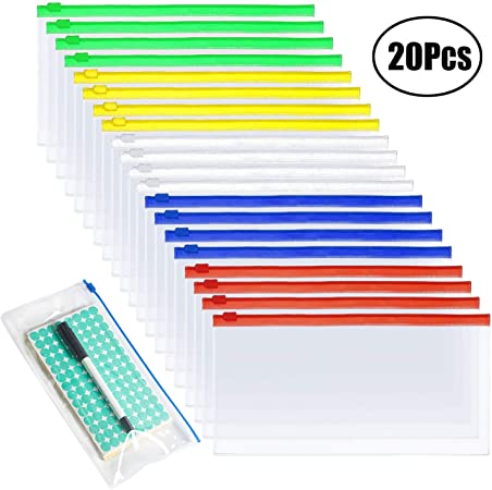 20 Pieces Plastic Transparent Poly Zipper Envelope File Folders Zipper Letter Bags, 5 Colors, 9 x 4.7 inches