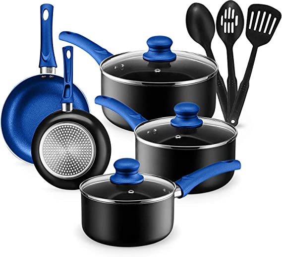 Kitchen Cookware Set, 11 Piece Pots and Pans Set for Cooking Nonstick, Dishwasher Safe Cooking Utensils Set by Chef's Star (Blue)