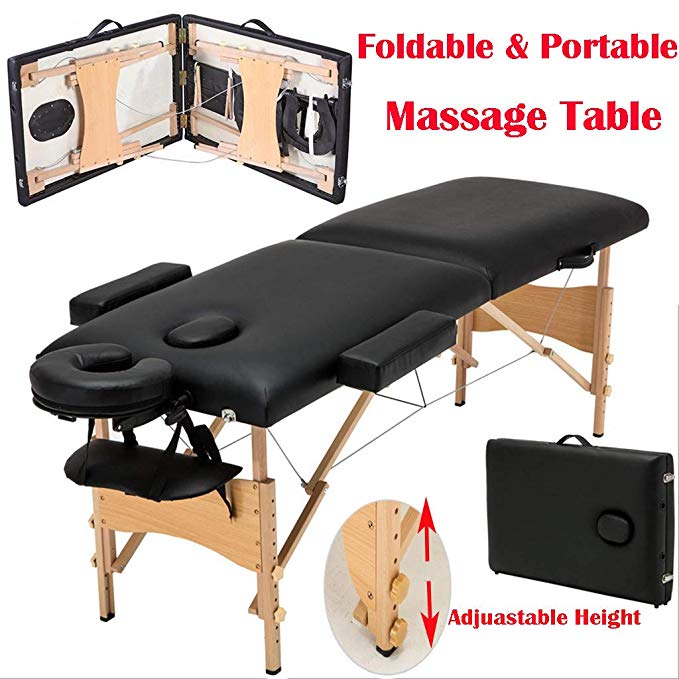 Portable 2 Section Aluminium Massage Table Lightweight Adjustable Height Beauty Treatment Couch Folding Massage Bed w/Free Headrest Armrest Face Hole Carry Bag