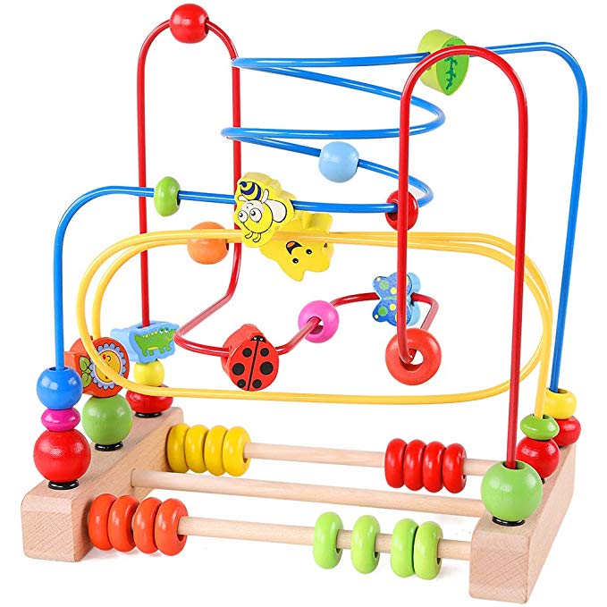 Bead Maze Toy for Toddlers Wooden Colorful Roller Coaster Educational Circle Toys for Kids Sliding Beads On Twists Wire Training Child Attention Count and Grasping Ability (QZM-0423-TOY)