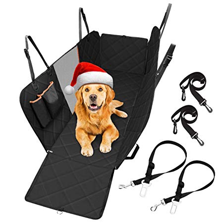 Dog Seat Cover with Mesh Viewing Window, TOPELEK Dog Car Seat Cover with 2 Seat Belts ,  2 Storage Pocket , Waterproof  Dog Travel Hammock with Nonslip Backing and Seat Anchors for Cars Trucks,SUVs