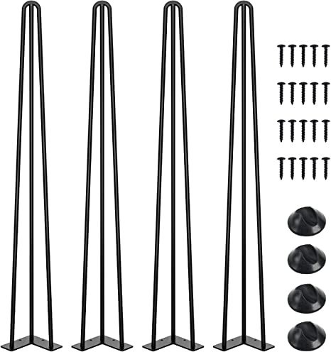 SmartStandard 36" Heavy Duty Hairpin Dining Table Legs, 1/2'' 3 Solid Rods, Metal Home DIY Projects for Furniture, Table, Desk, High Stand with Rubber Floor Protectors, Black, 4PCS