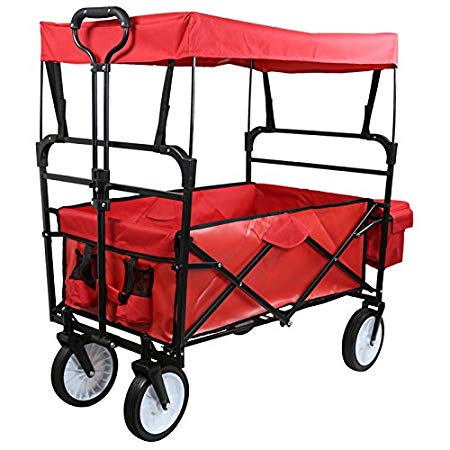 Collapsible Outdoor Utility Wagon with Top Canopy, Heavy Duty Folding Garden Portable Hand Cart, with Drink Holder, Suit for Shopping and Park Picnic, Beach Trip and Camping (Red w top)