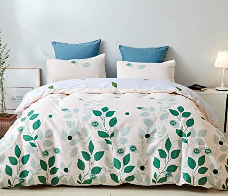 ATsense Green Leaf Duvet Cover Queen, Soft Bedding Comforter Cover Set, 100% Microfiber, Cosy and Breathable with Zipper Closure & Corner Ties