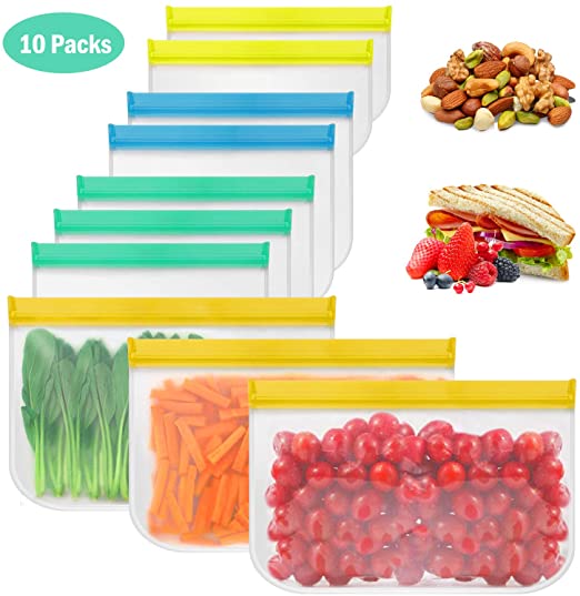 Henscoqi 10 Pack Reusable Storage Bags-BPA Free Reusable Gallon Bags Leakproof Sandwich Bags Ziplock Freezer Snack Lunch Bags for Vegetables Fruit Cereal, Baby/Pet Food, Travel Items, Home Organize