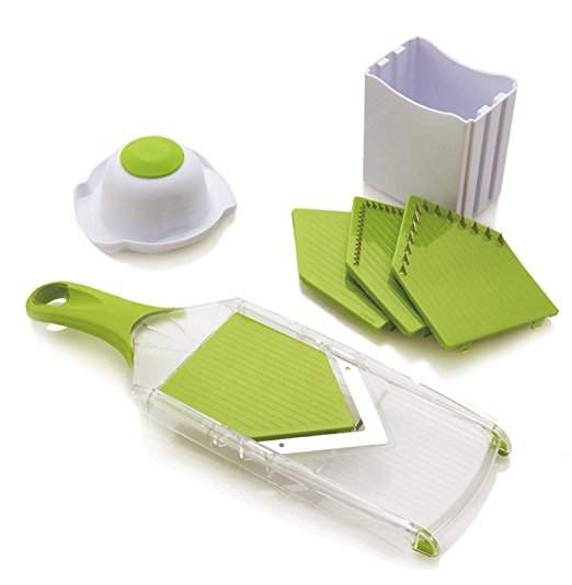 Twinzee® Compact V-Blade Mandoline Food Slicer - cuts and shreds fruits, vegetables and cheese thinly, uniformly and quickly - comes with 4 interchangeable sharp stainless steel V-blades, an easy grip non-slip handle and protective hand guard