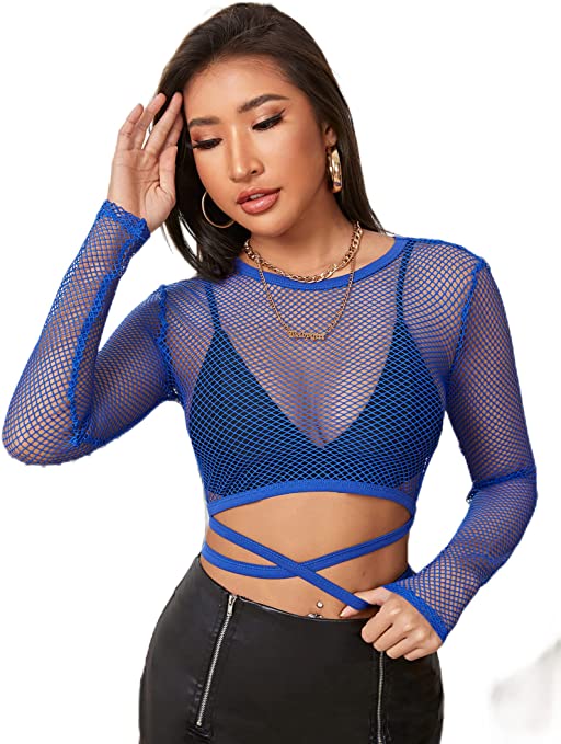 Milumia Women's Sheer Fishnet Mesh Crisscross Tie Long Sleeve Crop Tee Tops