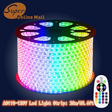 SuperonlineMall AC 110-120V Flexible Waterproof LED Strip Lights, 20m/65.6ft - RGB