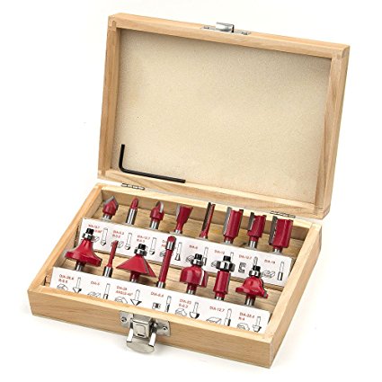 Router Bits Set, Ankoow 15pcs 1/4" Shank Tungsten Carbide Milling Cutter Tools Kit with Wooden Case (Includes Traight, Cove and Chamfer Bit)