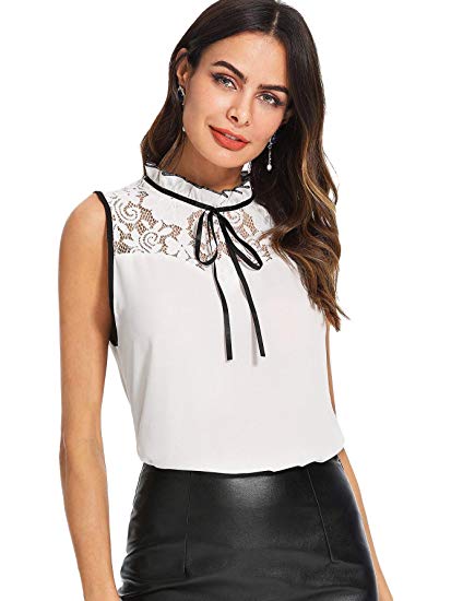 SheIn Women's Casual Sleeveless Bow Tie Neck Lace Work Blouse Top Tank Shirts