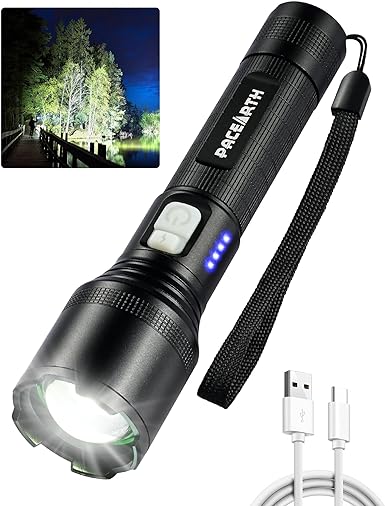 PACEARTH Rechargeable Flashlights High lumens, Super Bright LED Flashlight, 2000LM Brightest Flashlight, Powerful Tactical Flashlights with 5 Modes, Flash Light for Emergencies