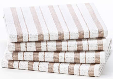 Cotton Craft - 4 Pack - Basket Weave Dish Cloths - Linen- 100% Cotton - Oversized 15x15 - Modern Clean Striped Pattern - Convenient Hanging Loop