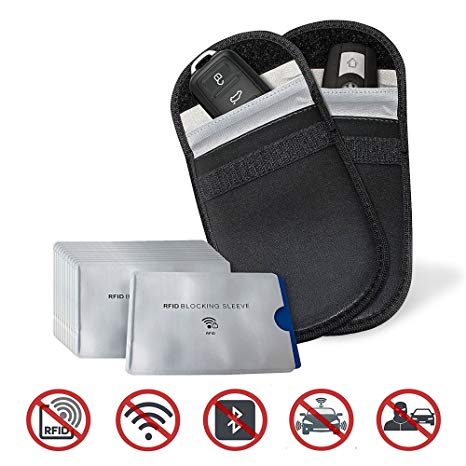 14 Pack - 2 Car Key Signal Blocking Pouches  12 RFID Blocking Sleeves -Antitheft Faraday Pouch, Key Fob & Credit Card Protector -Blocks WIFI/GSM/LTE/NFC/RFID - Keyless Cars Identity Theft Protection