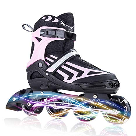 ITurnGlow Kids and Adults Adjustable Inline Skates with Full Light Up Wheels, Safe and Smooth Beginner Roller Skates for Girls and Boys, Men and Women