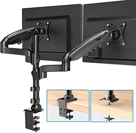 Dual Monitor Stand - Height Adjustable Gas Spring Double Arm Monitor Mount Desk Stand Fit Two 17 to 32 inch Screens with Clamp, Grommet Mounting Base, Each Arm Hold up to 19.8lbs