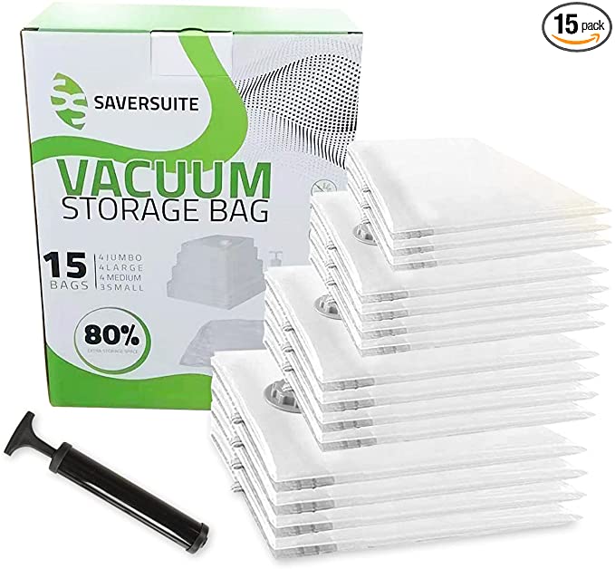 Saver Suite 15 Vacuum Storage Bags for Comforters, Blankets, Bedding, Clothing ! Hand-Pump for Travel ! Double-Zip Seal and Triple Seal Valve ! Vacuum Sealer Bags ( 4 Jumbo , 4 Large , 4 medium , 3 small)