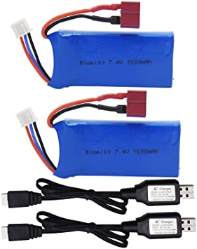 Blomiky 2 Pack 7.4V 1500mAh 40C Lipo 11.1Wh Rechargeable Battery T Plug and USB Charger Cable for 1/12 Scale Hosim 9155 9156 and WLtoys A979-B 12428 300E 302E 4WD RC Trucks 12428 Battery 2 Pack