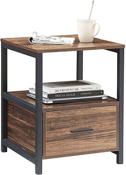 VECELO 2-Tier Nightstand with Drawer, Modern End, Bedside Table for Bedroom, Living Room, Small Space, Night Stand with Storage Open Shelf, Stable Metal Frame (Brown, 1 Pack)