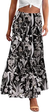 Zeagoo Women's Long Maxi Skirts Tiered Elastic High Waist Boho Double Layered Print A-Line Casual Midi Dress