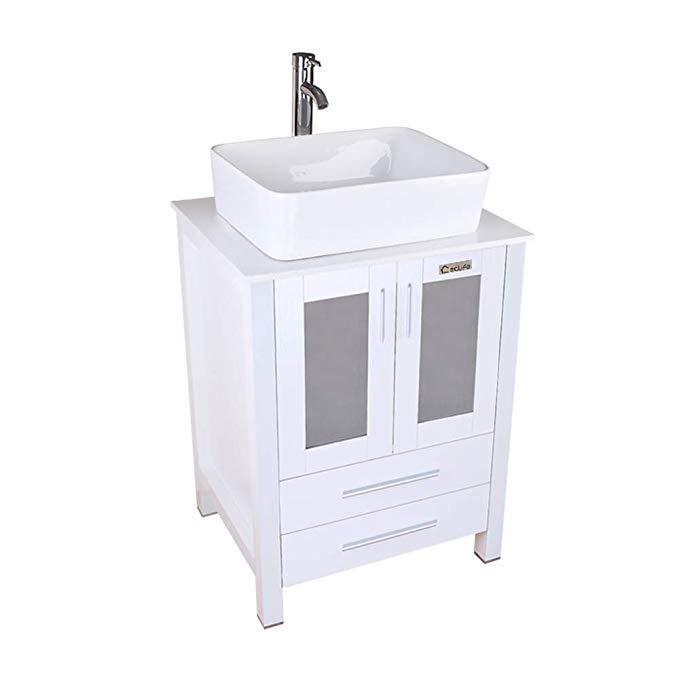 eclife 24" Bathroom Vanity and Sink Combo Stand Cabinet White Ceramic Vessel Sink and Chrome Bathroom Solid Brass Faucet and Pop Up Drain, W/Mirror (T03B02W)