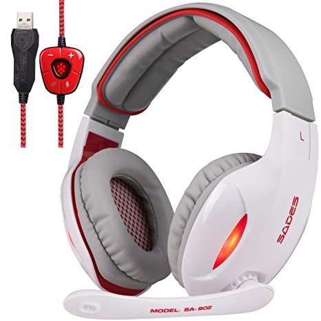 SADES SA902 7.1 Surround Sound Stereo Pro PC USB Gaming Headsets Headband Headphones with Microphone Deep Bass Over-the-Ear Volume Control LED Lights For PC Gamers(White)