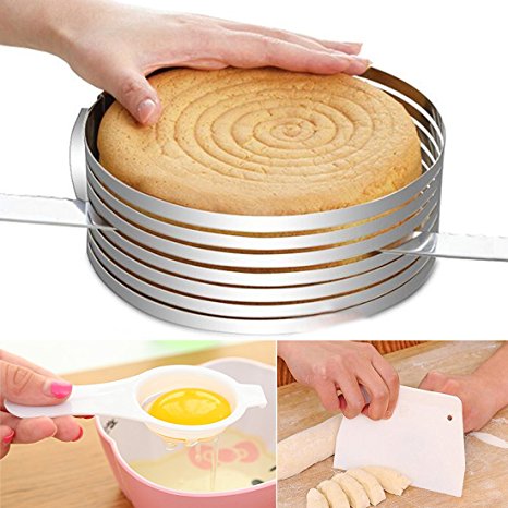 Layered Slicer Cake Ring Set, Ankoow 6-8 Inch Stainless Steel Circular Baking Tool Kit Set Mousse Mould Slicing Include 1pc Egg White Separator and 1pc Cake Edge Smoother Scraper Cutter