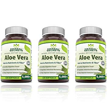 Herbal Secrets Aloe Vera Natural Dietary Supplements, 120 Softgels, 5000 Mg (Pack of 3)
