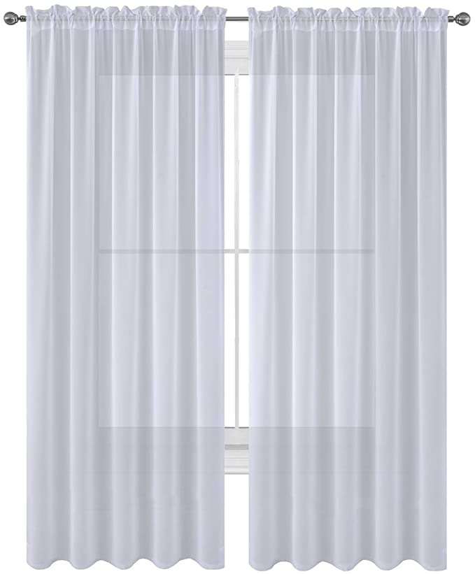 Luxury Discounts 2 PC Solid Rod Pocket Sheer Window Curtain Treatment Drape Voile Panels in Variety of Colors (55"x95", White)