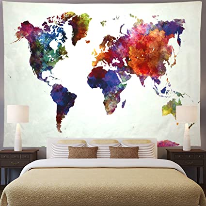 Ameyahud World Map Tapestry Watercolor World Tapestry Abstract Map Tapestry Colorful Painting World Tapestry Wall Hanging for Bedroom Dorm Decor