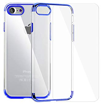 Slim Clear iPhone Case and Screen Protector Set Crystal Clear TPU Cover Case with Soft Shock Absorption Bumper and Tempered Glass Screen Protector for iPhone 7/8 (Blue)
